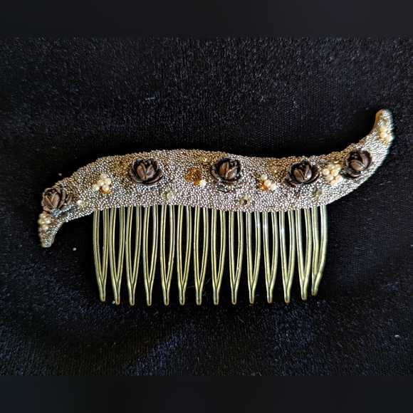 Antique/Vintage Hair Comb with Micro-beading, Silver/Pearl/Rose Design main image 5
